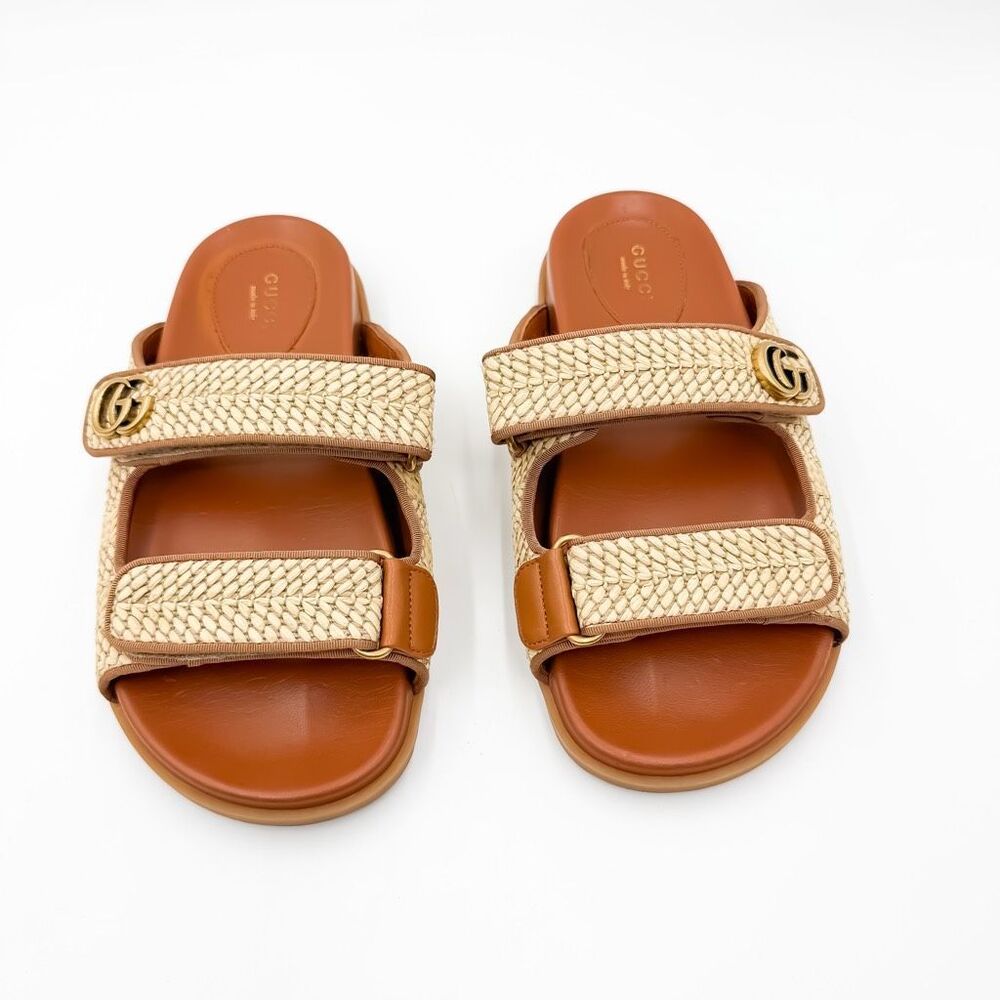 Gucci GG Logo Monogram Raffia Sandals Slides EU 38 US 8 - Picture 2 of 12